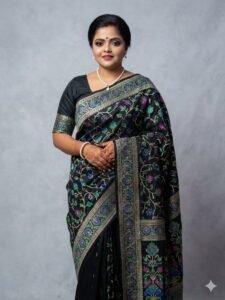 Midnight Black Floral Silk Saree