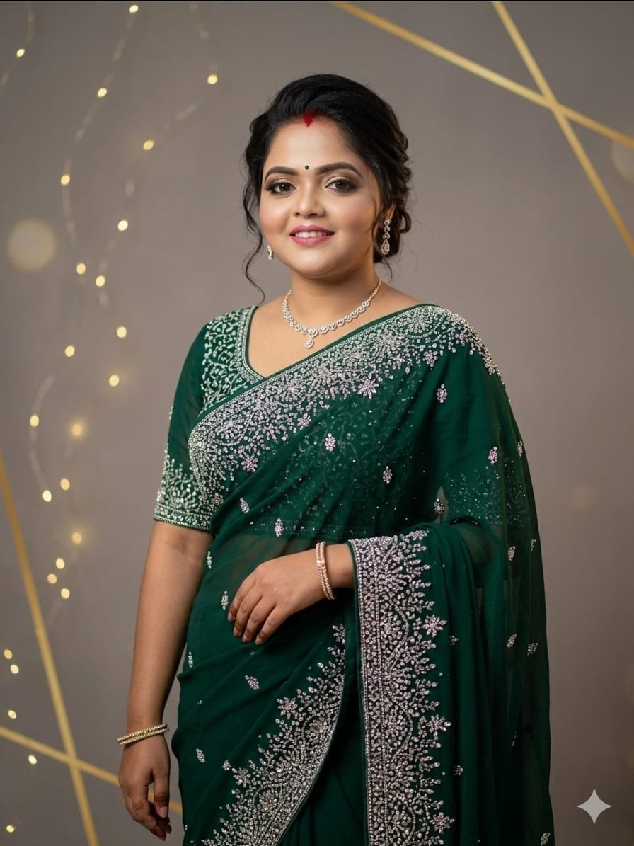 Green Stone Work Party Wear Saree
