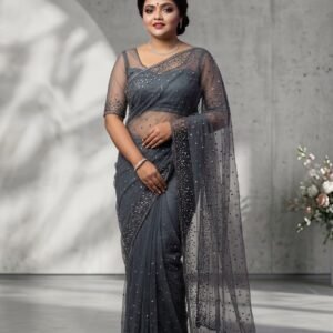 Smoky Grey Designer Net Saree