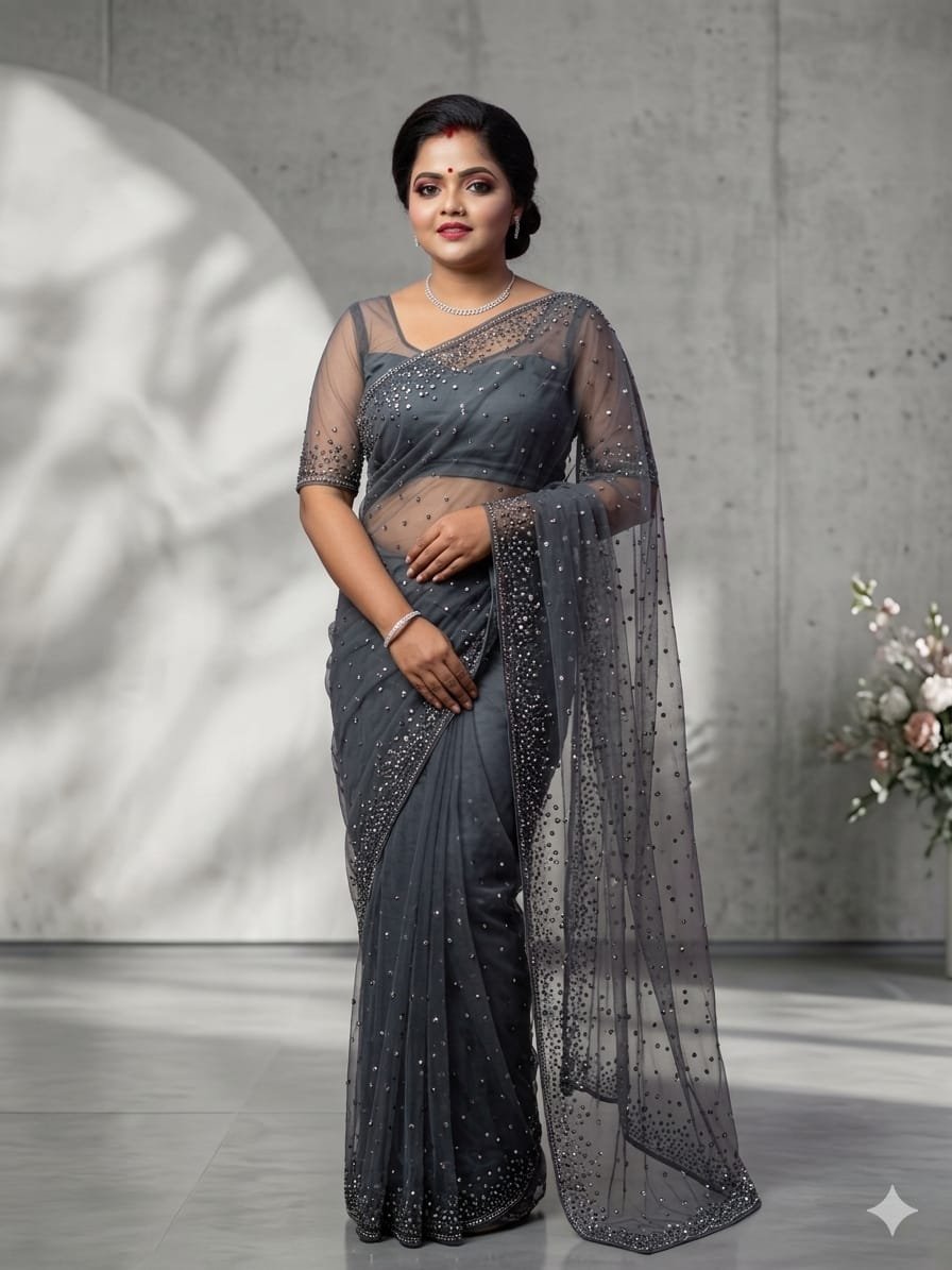 Smoky Grey Designer Net Saree