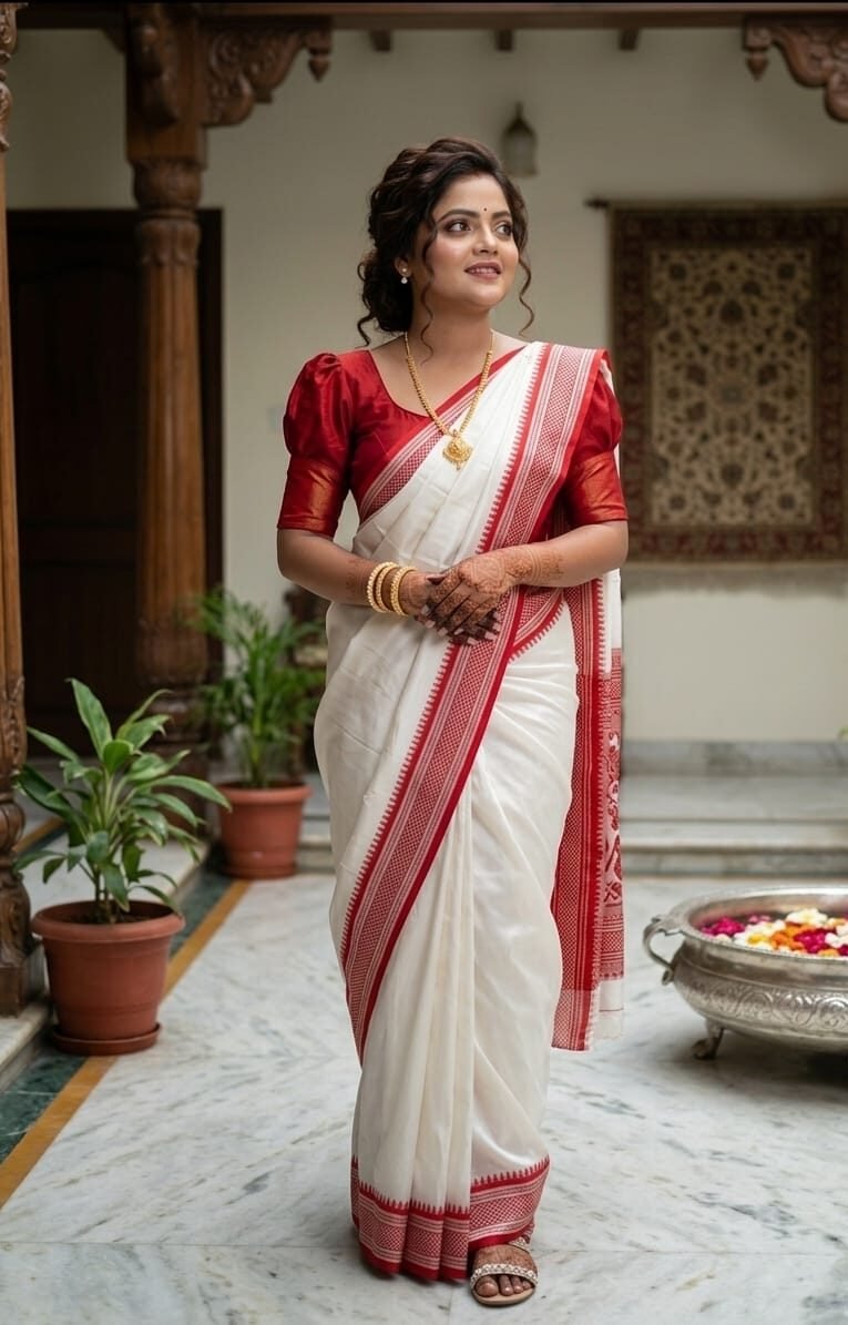 Classic White & Red Bengali Tant Saree with Traditional Border