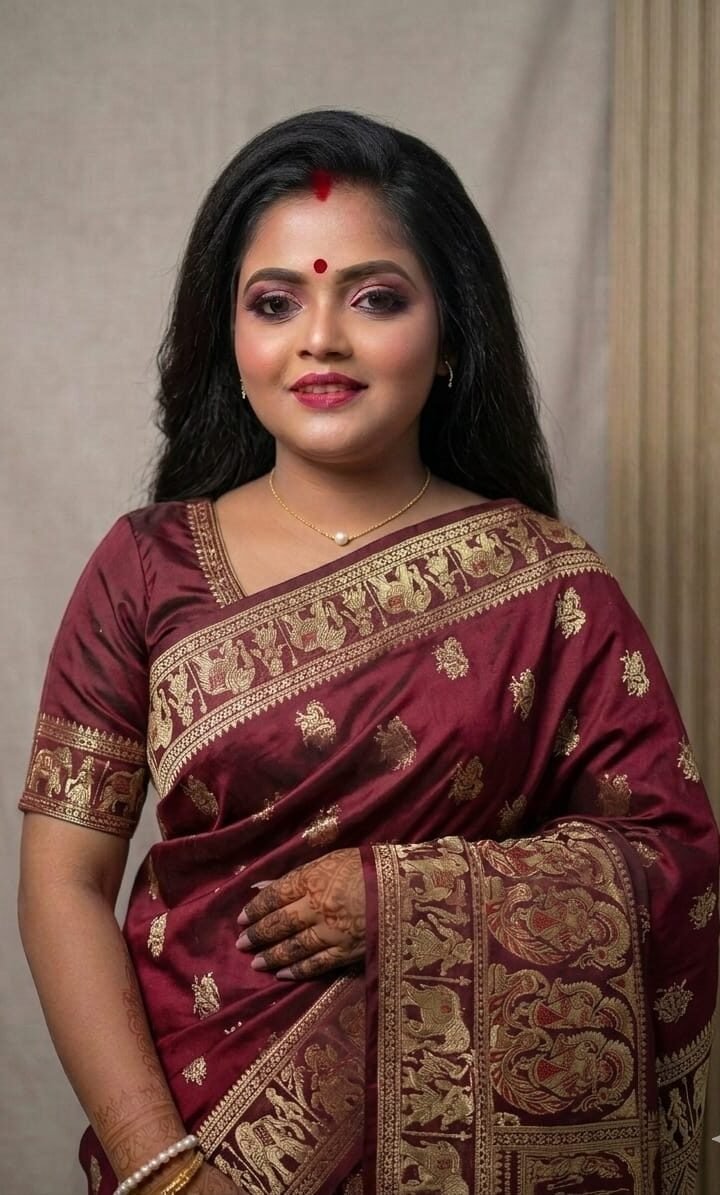 Wine Maroon Bishnupuri Baluchari Pure Silk Saree