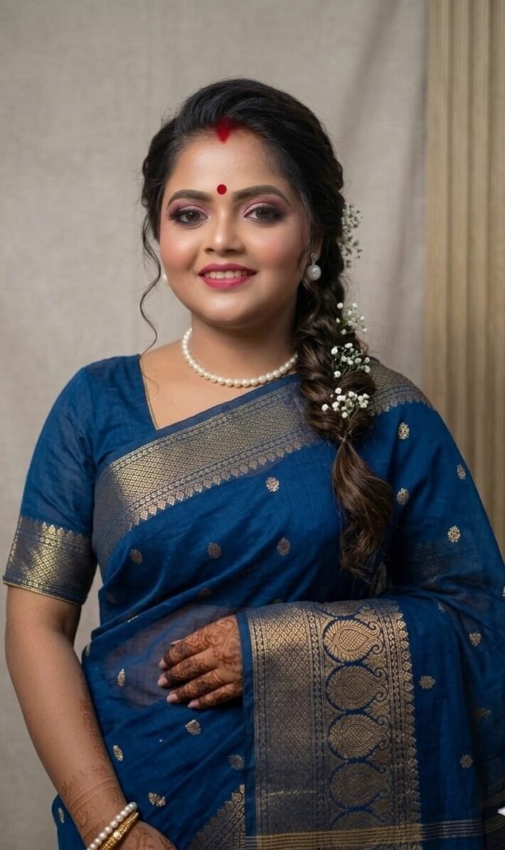 Royal Blue Bengali Tant Saree with Golden Zari Border