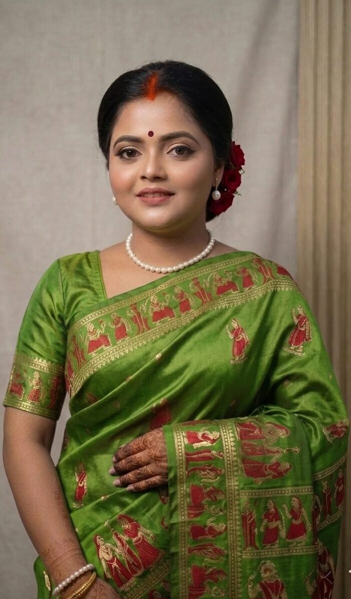 Parrot Green Bishnupuri Baluchari Pure Silk Saree