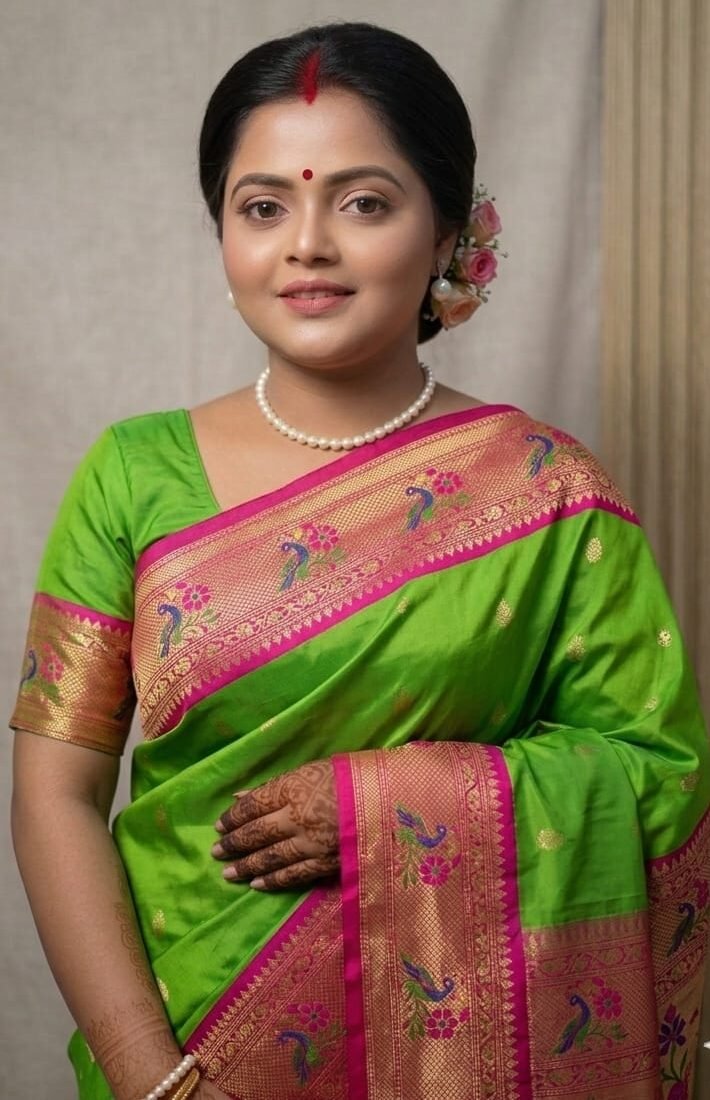 Parrot Green Paithani Pure Silk Saree with Peacock Motifs