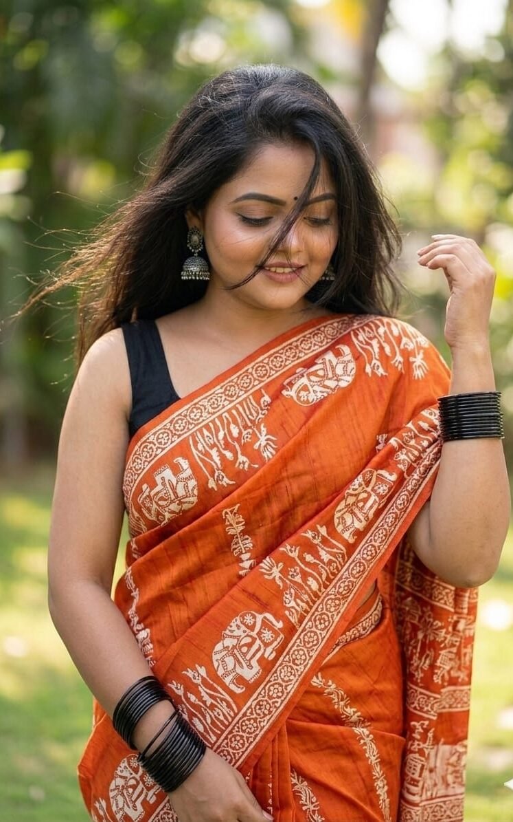 Rust Orange Bishnupuri Pure Silk Saree with Traditional Motifs