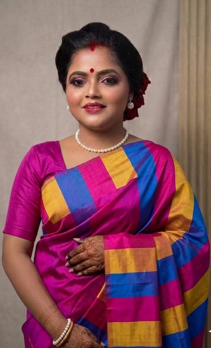 Vibrant Pink Bishnupuri Pure Silk Saree with Multicolor Checked Pallu