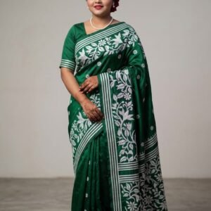 Bottle Green Pure Hand-stitched Kantha Stitch Saree